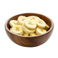 Fresh banana slices arranged in a wooden bowl on a transparent background for healthy snacking, Banana slice in wood bowl isolated on transparent background png