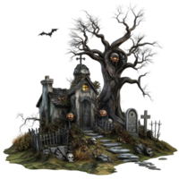 Chilling graveyard with eerie trees and haunted house illuminated by jackolanterns for Halloween, Spooky Halloween Graveyard Haunted Cemetery Scene Isolated on transparent background png