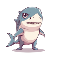 Cute cartoon shark character standing playfully on a transparent transparent background with an expressive face and friendly demeanor, cute shark comic cartoon character isolated on transparent png
