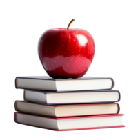 A red apple rests atop a stack of neatly arranged books on a plain transparent background for an educational setting, Red Apple on Stack of Books on transparent background School Learning Concept png