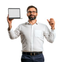 A teacher stands holding a laptop in a bright setting, engaging students in learning activities, a man teacher standing up while holding up a laptop, file of isolated object on transparent background png