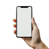 A hand holding a blank smartphone screen against a transparent background showcasing potential digital content creation, hand holding smartphone screen blank mobile on transparent background png