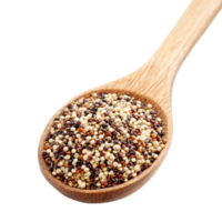 A wooden spoon filled with a colorful pile of raw quinoa grains isolated on a clean transparent background, Pile of mixed raw quinoa in wood spoon isolated on transparent background png
