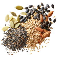 Mixed seeds and grains arranged on a clean transparent background for a healthy snack or cooking ingredient display, Mixed Seeds and Grains on transparent background png