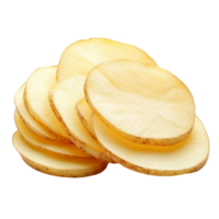 Freshly sliced potato slices ready to be transformed into crispy chips on a transparent background, Potato slices turning into chips isolated png