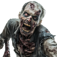 A terrifying zombie emerges with gruesome features and a haunting expression against a stark transparent background, Terrifying Zombie on transparent background png