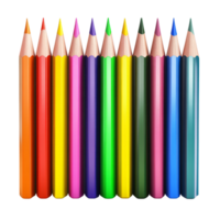 A selection of 12 colored pencils is neatly arranged in a row on a smooth transparent surface, of colored pencils, file of isolated object with shadow on transparent background png