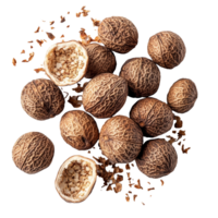 Dry nutmeg pods and grated nutmeg on a transparent background highlighting the spices texture and natural beauty, dry nutmeg on transparent background png
