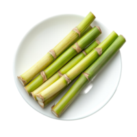 Fresh sugarcane arranged neatly on a transparent plate creating a simple and clean backdrop for cooking or eating, sugarcane in transparent plate on transparent background png
