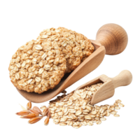 Fresh oatmeal cookies with wheat germ in a rustic wooden scoop on clean transparent background, Oatmeal cookies and wheat germ in wood scoop on transparent background png
