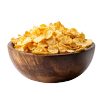 A wooden bowl filled with crispy corn flakes isolated on a transparent background for a fresh and healthy breakfast idea, corn flakes in wood bowl isolated on transparent background png