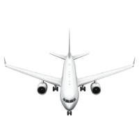 A modern airplane is shown from the front, emphasizing its aerodynamic shape and engine details, Airplane isolated png