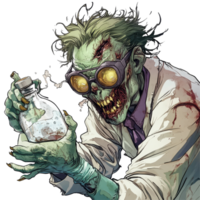A zombie scientist holding a potion, exhibiting eerie features and a chaotic background in a creative illustration, zombie scientist on transparent background png