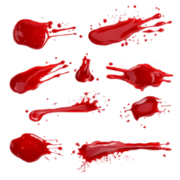 Various patterns of red ketchup sauce stains isolated on a clean transparent background highlighting their textures and shapes, red ketchup sauce stain isolated on transparent background png