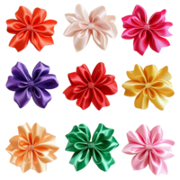 A vibrant collection of colorful ribbon bow flowers isolated on a smooth transparent background for decorative use, colored ribbon bow flowers isolated on transparent background png