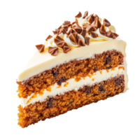 Delicious slice of carrot cake topped with cream cheese frosting and chocolate shavings on a transparent background, Isolated slice of carrot cake with cheese cream png
