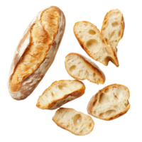 Freshly sliced baguette arranged on a clean surface showcasing its airy texture and crustiness, Different angle of sliced baguette isolated png