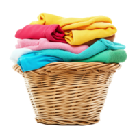 A vibrant stack of freshly folded clothes in a woven basket against a clean transparent background, of Stack of clean clothes in the basket transparent background isolated solid transparent background png