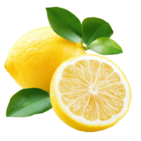 Fresh, bright lemon and its cut half with green leaves, perfect for culinary uses or refreshing drinks, fresh lemon isolated png