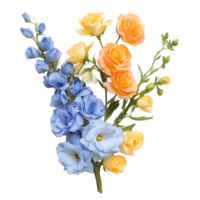 Delicate arrangement of blue delphiniums with apricot orange roses in spring bloom, Blue Delphiniums complemented by Apricot Orange Roses and Lemon Yellow Freesias transparent background png