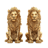 A stunning collection of two gold sitting lion sculptures crafted from displayed elegantly, two Gold Sitting Lion 3d Sculpture isolated on transparent background png