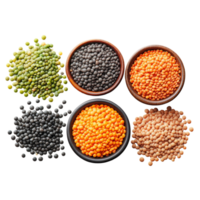 Colorful lentils displayed in wooden bowls on a transparent background, showcasing various types and textures, lentils on transparent background png