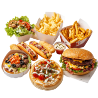 An array of fresh fast food options featuring burgers, hot dogs, and fries artfully displayed on a transparent background, Fresh different type fast food on a transparent background png