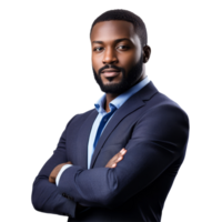 Confident corporate professional standing with arms crossed in business attire against a transparent background, file no background Confident corporate businessman posing with arms crossed png