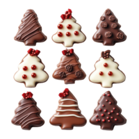 Aerial view of festive chocolate Christmas trees arranged on a transparent surface for holiday treats, Aerial View of Christmas Chocolate Trees on transparent background png