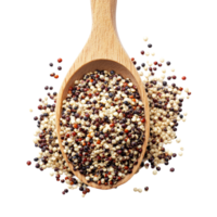 A wooden spoon holding a pile of mixed raw quinoa on a clean, transparent background, Pile of mixed raw quinoa in wood spoon isolated on transparent background png