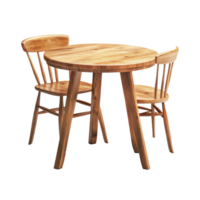 A round wooden table with two matching chairs, ideal for dining or casual gatherings on a transparent background, Wood table and chair on transparent background. wooden table with chair transparent png