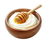 Delicious honey drizzled over yogurt in a wooden bowl on a clean transparent background perfect for healthfocused meals, Honey with yogurt in a wooden bowl on a transparent background png