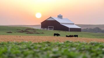 Serene sunset over a rural farm with grazing cattle and golden fields in the background photo