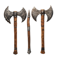 Medieval war axes displayed on a transparent background showcasing ancient weaponry from the Middle Ages, Medieval War Axes on transparent background png