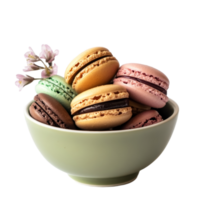 Colorful macaroons arranged in a bowl with delicate flower accents on a bright transparent background, macaroons or macaron in the bowl on transparent background png