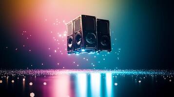 Floating speakers illuminated in vibrant colors against a shimmering background with sparkles photo