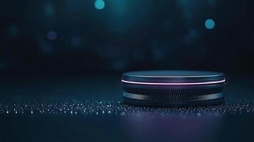 Modern smart home device on a sleek surface, illuminated by soft blue lights in the background photo