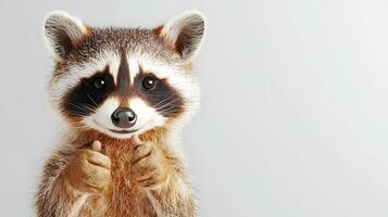 A cheerful raccoon giving a thumbs-up in a minimalist setting, showcasing its playful nature photo