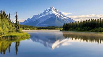 Serene mountain landscape with reflective lake and lush forest under a clear blue sky photo