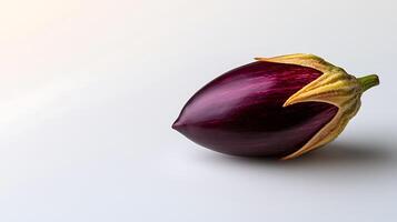 Close-up of a fresh, vibrant eggplant resting on a clean surface with soft lighting photo