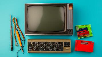 Vintage computer setup with monitor, keyboard, and tools on a bright teal background photo