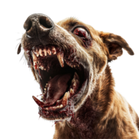 A terrifying zombie dog with bloodied fur and a fierce growl on a plain transparent background, Scary zombie dog on transparent background png