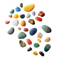 Colorful pebbles soaring through the air against a plain background in an artistic arrangement, Various colorful pebble flying in the air isolated on transparent background png