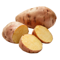 Yams on a clean transparent background showcasing the natural texture and color of sweet potatoes in cut and whole forms, yams potato on transparent background png