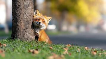 A curious fox peeks from behind a tree in a vibrant autumn park, with blurred cityscape in background photo
