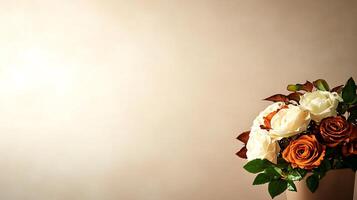 Elegant bouquet of white and orange roses against a soft, blurred background, creating a warm ambiance photo