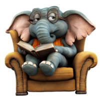A cozy elephant relaxes in an armchair, enjoying a good book, A laidback elephant reading a book in a cozy armchair on transparent background png