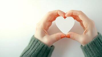 Two hands forming a heart shape with a blank white paper cutout, symbolizing love and connection photo
