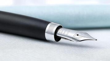 Close-up of an elegant fountain pen resting on a soft fabric surface with a blurred background photo