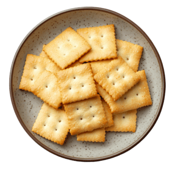 Crunchy golden crackers arranged neatly on a simple brown plate isolated against a clean transparent background, Cracker in plate isolated on transparent background png